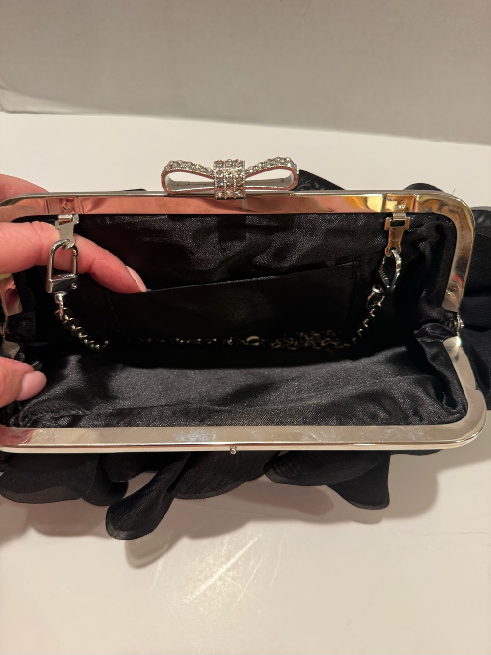 Elegant Black Ruffled Chain-Handle Clutch with Crystal Detail - Picture 15 of 15